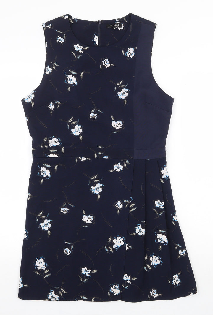 Stella Morgan Womens Blue Floral Polyester A-Line Size 14 Round Neck Zip