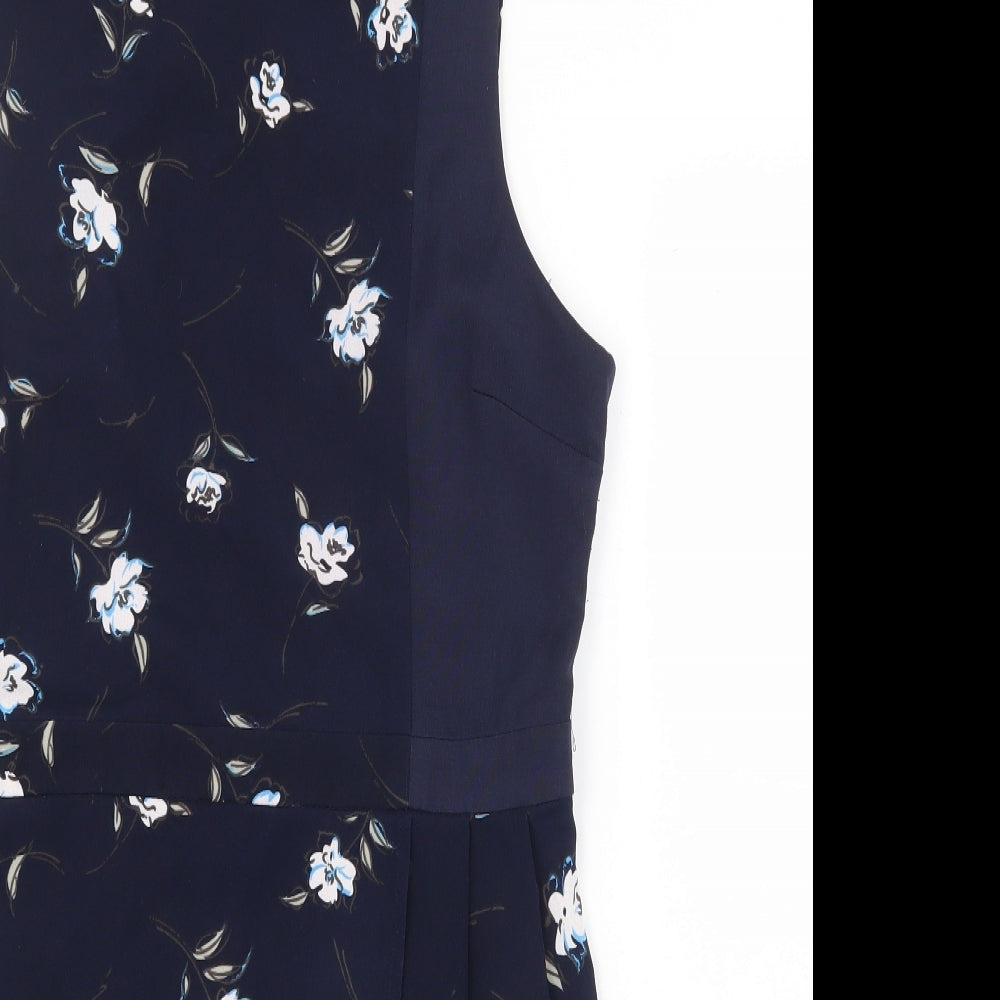 Stella Morgan Womens Blue Floral Polyester A-Line Size 14 Round Neck Zip