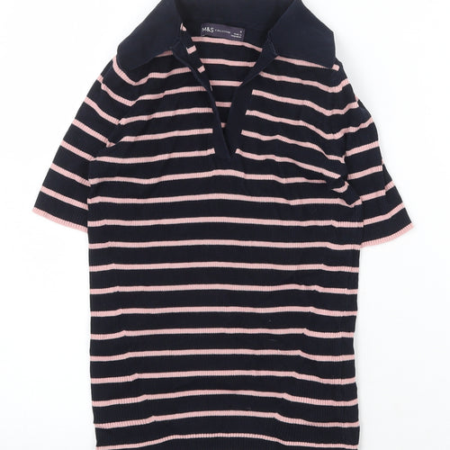 Marks and Spencer Womens Blue Striped Cotton Basic Polo Size S Collared