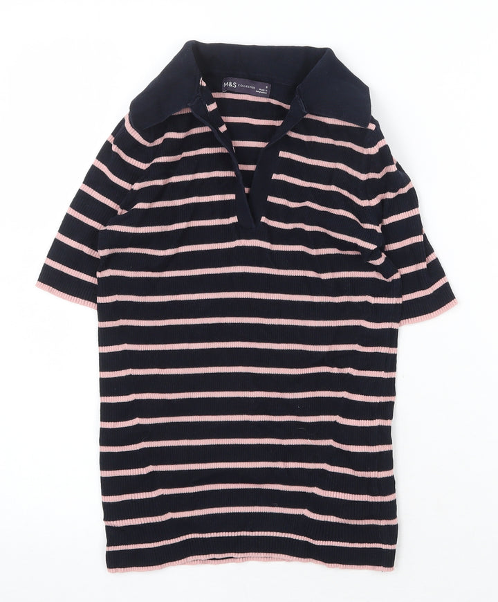 Marks and Spencer Womens Blue Striped Cotton Basic Polo Size S Collared