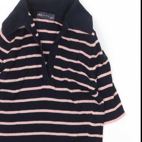 Marks and Spencer Womens Blue Striped Cotton Basic Polo Size S Collared