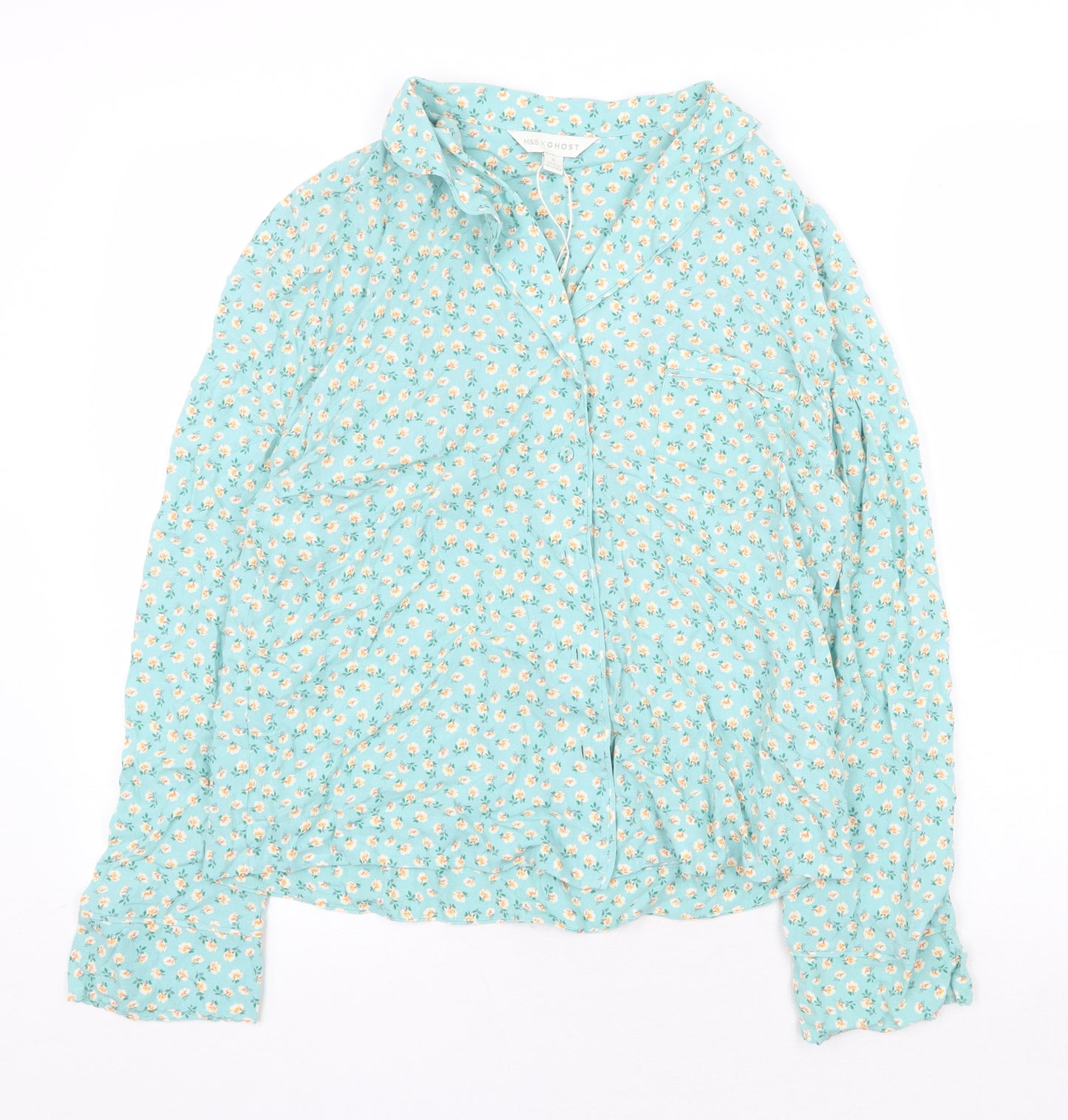 Marks and Spencer Womens Green Floral Viscose Basic Button-Up Size 8 Collared