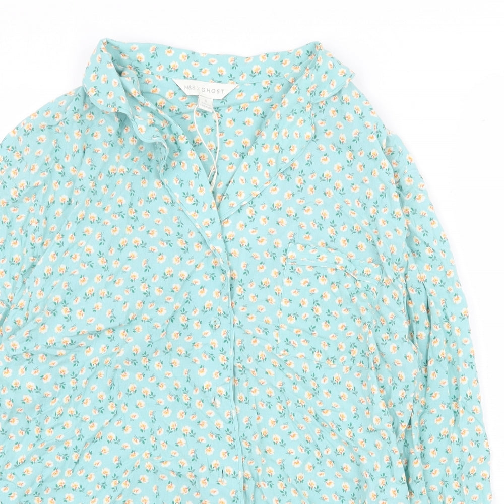 Marks and Spencer Womens Green Floral Viscose Basic Button-Up Size 8 Collared
