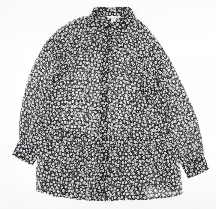 H&M Womens Black Geometric Polyester Shirt Dress Size 6 Collared Button