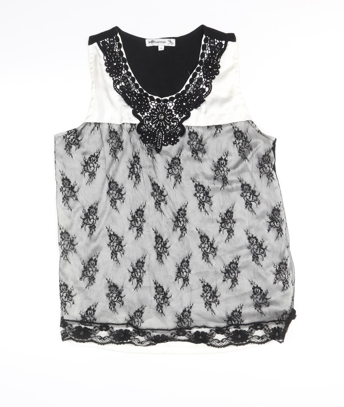 Internationale Womens Black Geometric Polyester Basic Tank Size 12 Scoop Neck - Lace Overlay