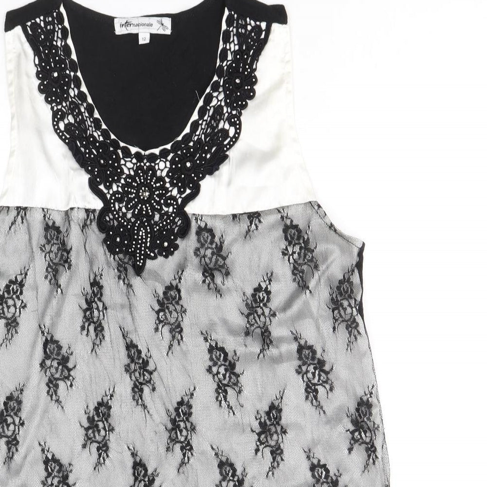 Internationale Womens Black Geometric Polyester Basic Tank Size 12 Scoop Neck - Lace Overlay