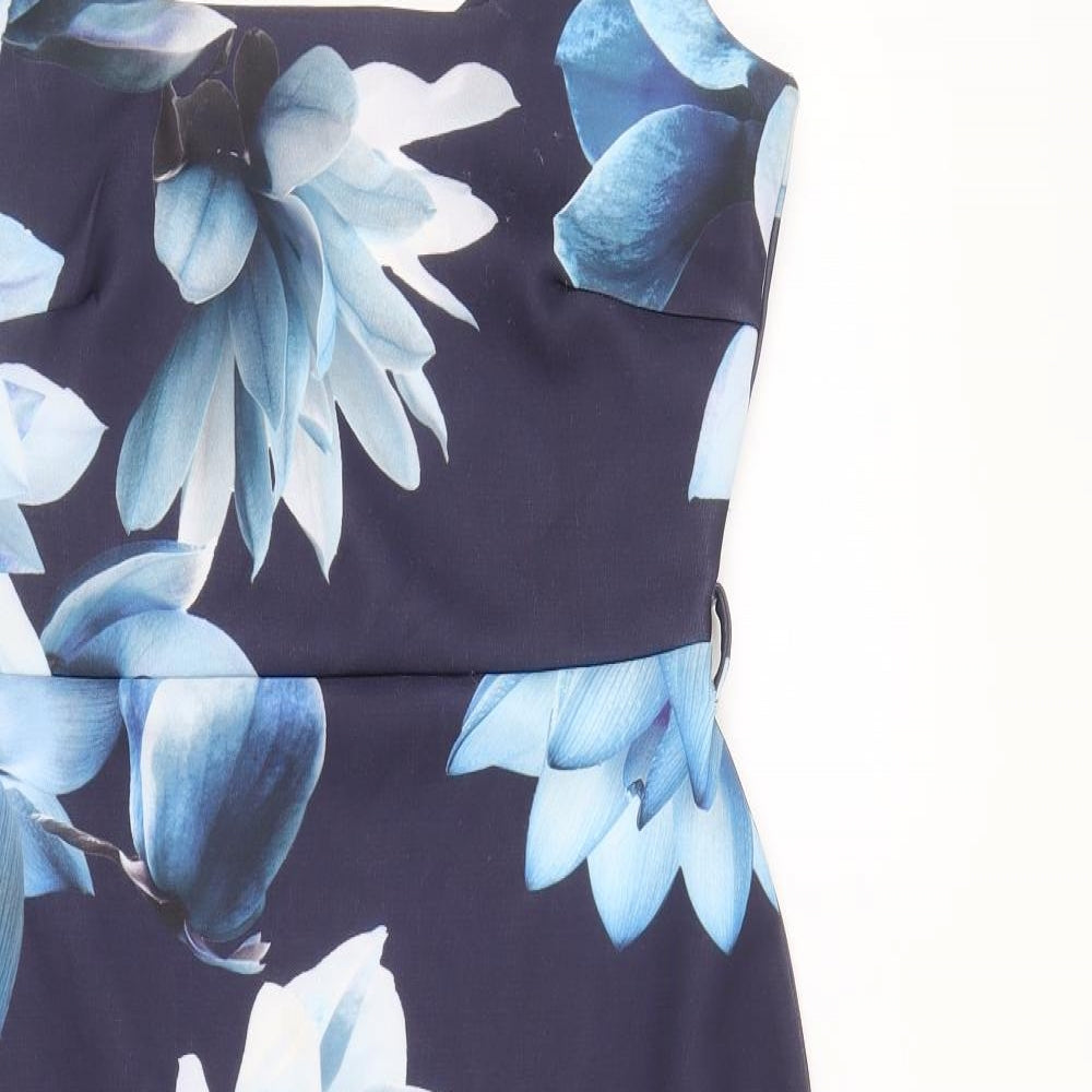 Lipsy Womens Blue Floral Polyester Pencil Dress Size 10 Square Neck Pullover