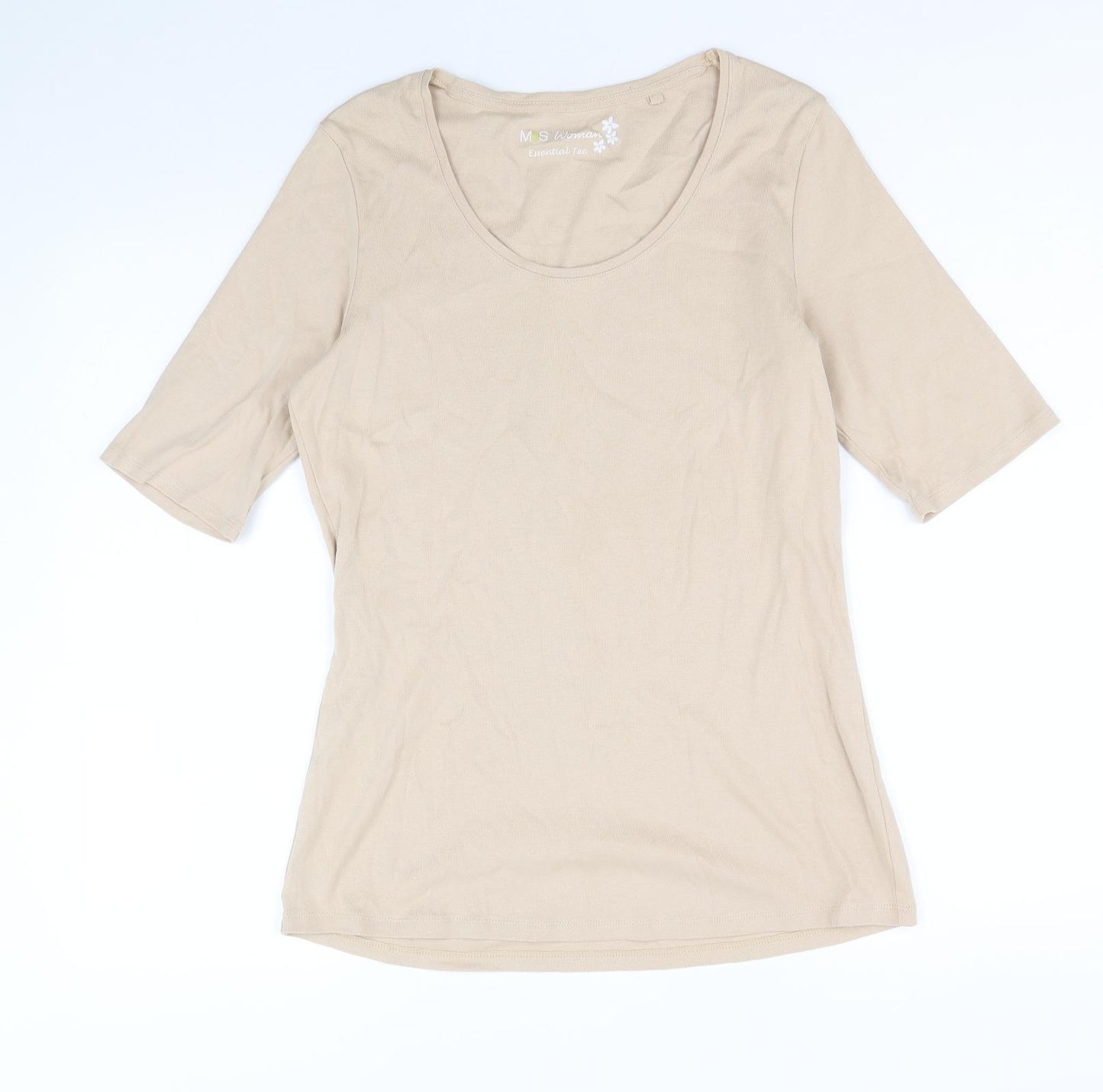 marks and Womens Beige 100% Cotton Basic T-Shirt Size 16 Round Neck