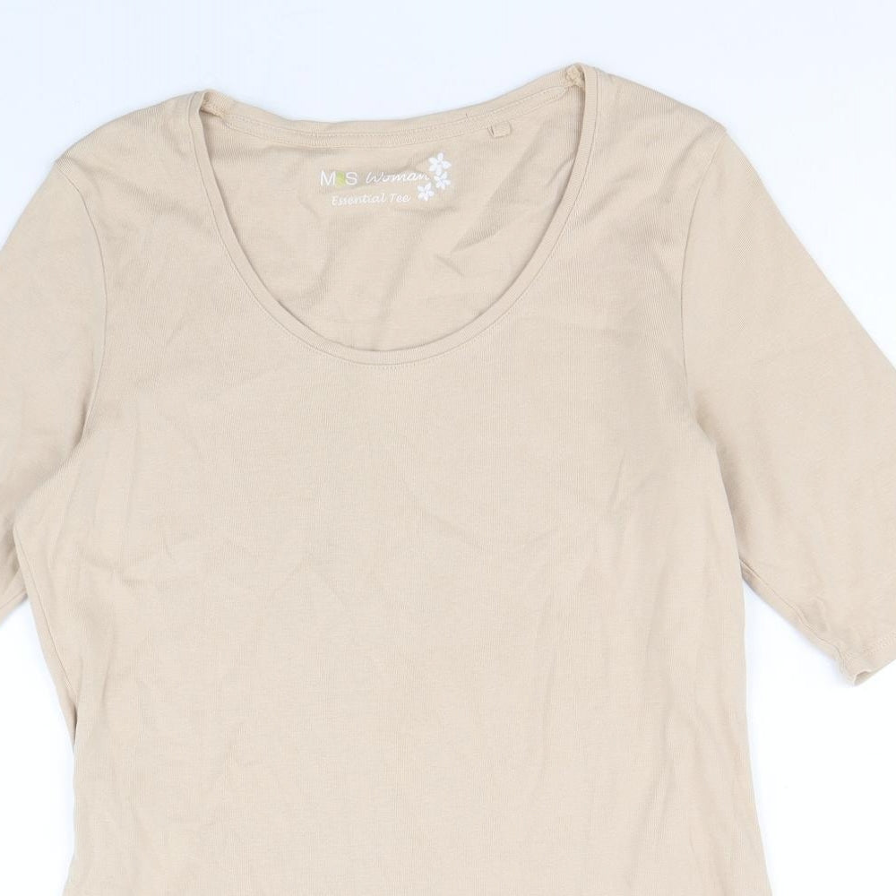 marks and Womens Beige 100% Cotton Basic T-Shirt Size 16 Round Neck