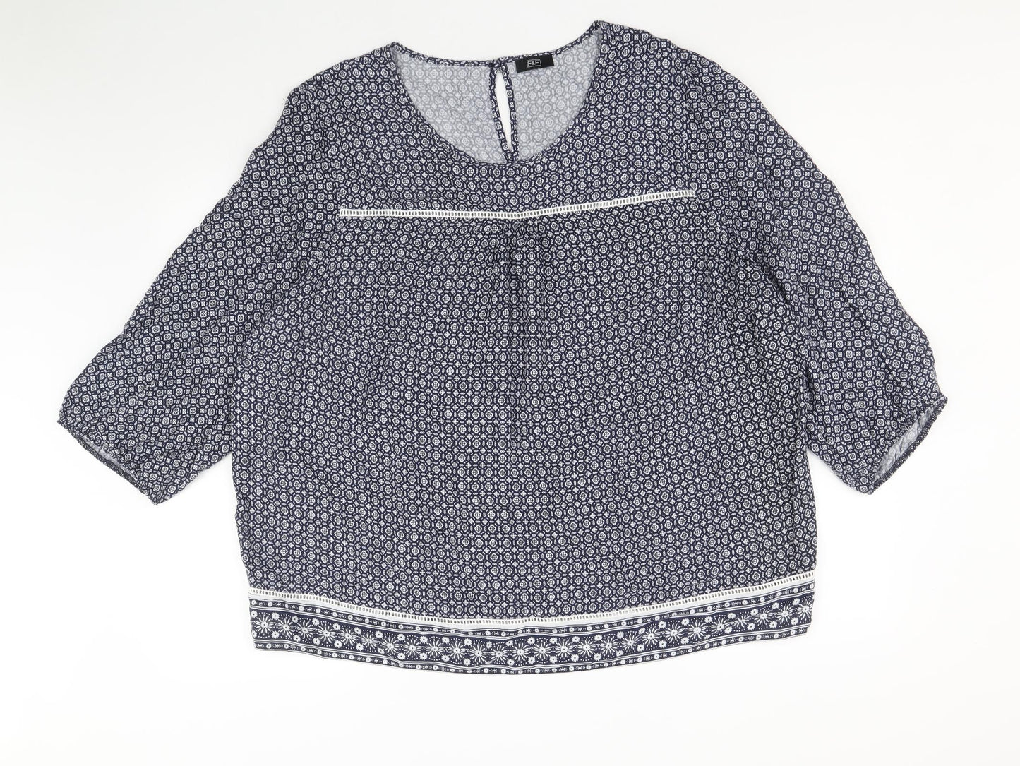 F&F Womens Blue Geometric Viscose Basic Blouse Size 22 Round Neck