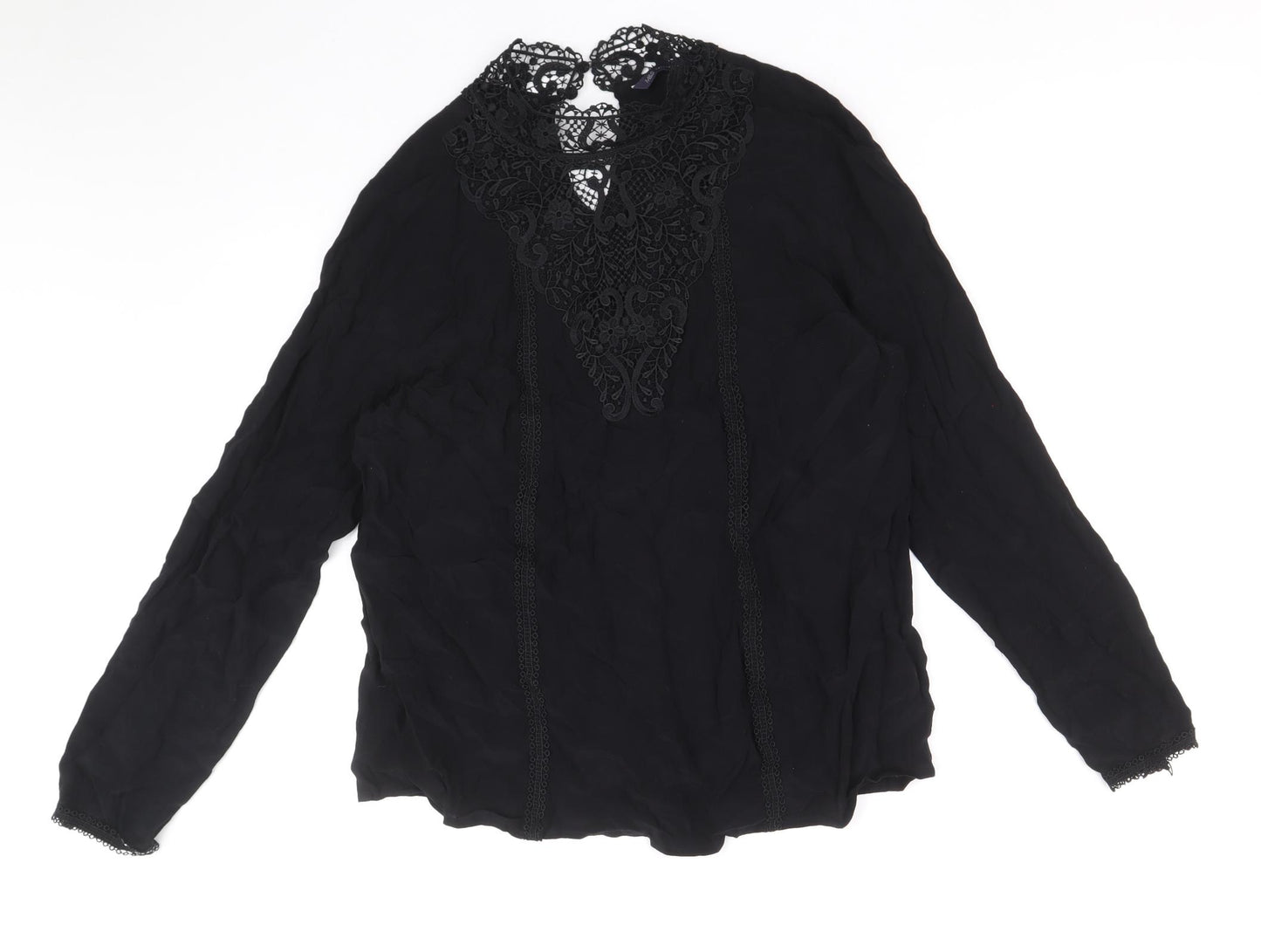 Marks and Spencer Womens Black Viscose Basic Blouse Size 14 Round Neck - Lace Detail