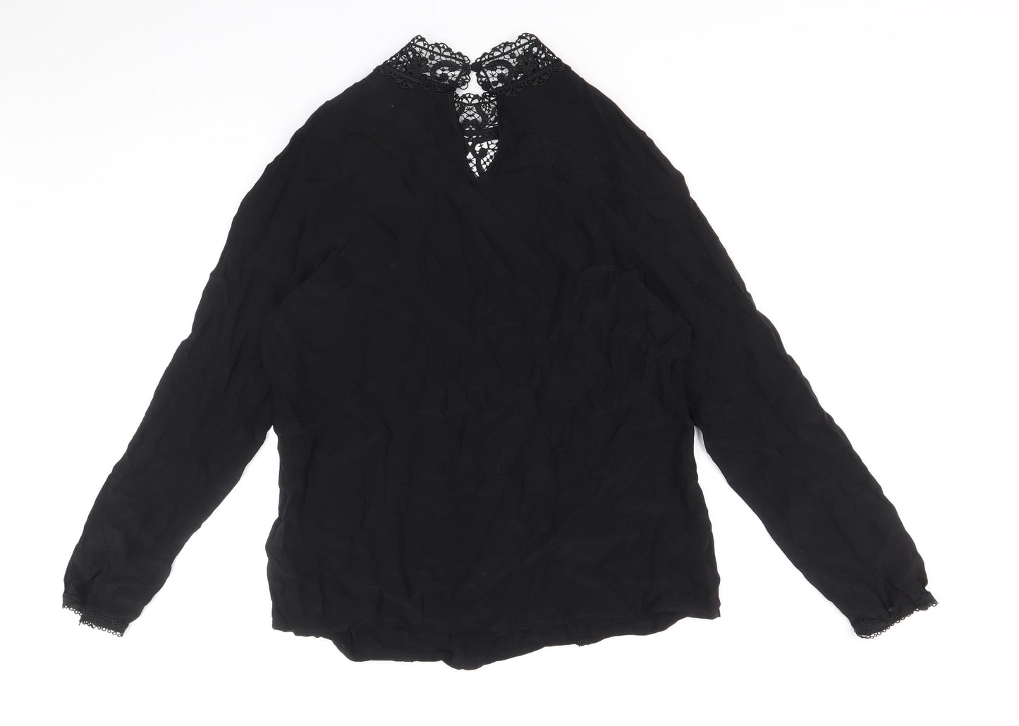 Marks and Spencer Womens Black Viscose Basic Blouse Size 14 Round Neck - Lace Detail
