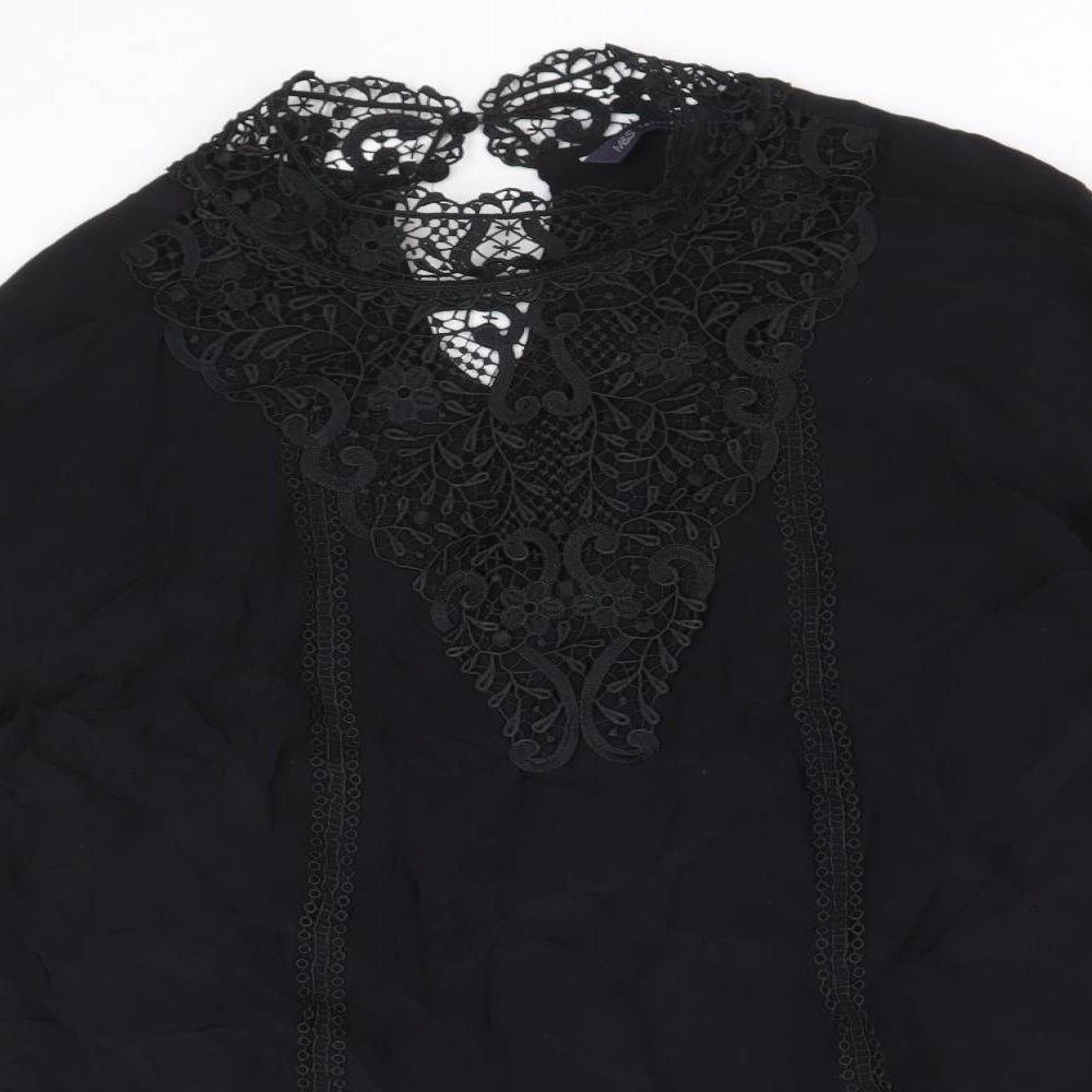Marks and Spencer Womens Black Viscose Basic Blouse Size 14 Round Neck - Lace Detail