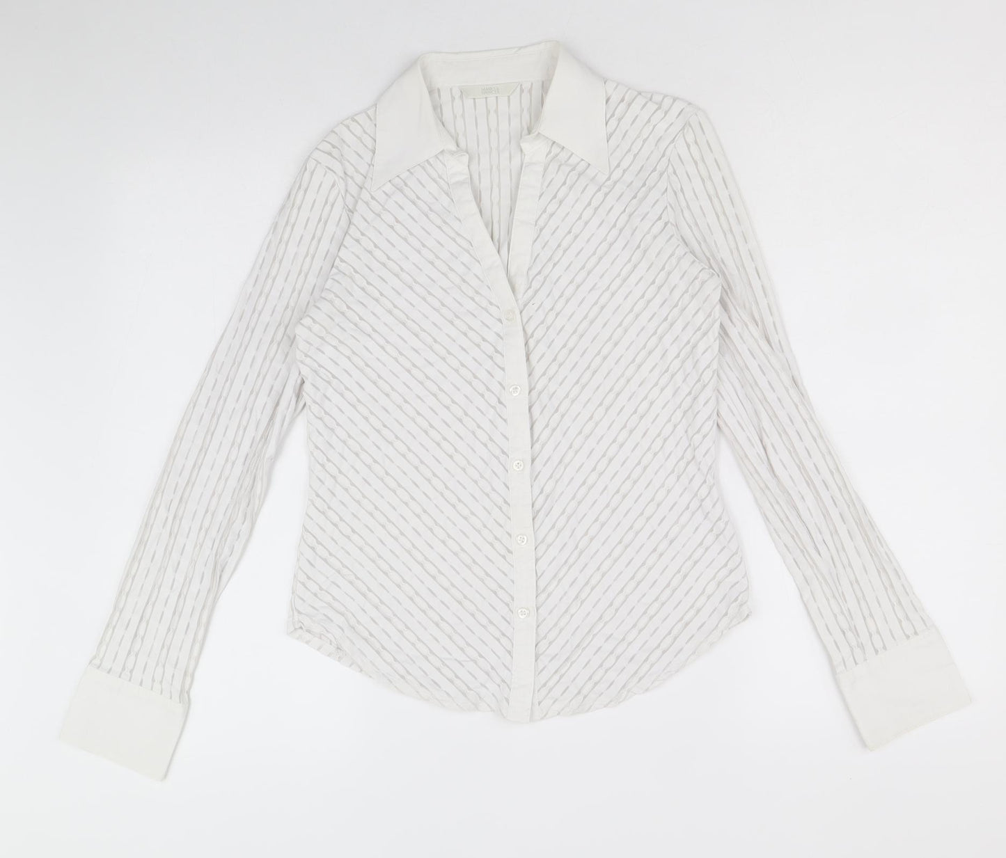 Marks and Spencer Womens White Striped Polyamide Basic Button-Up Size 12 Collared