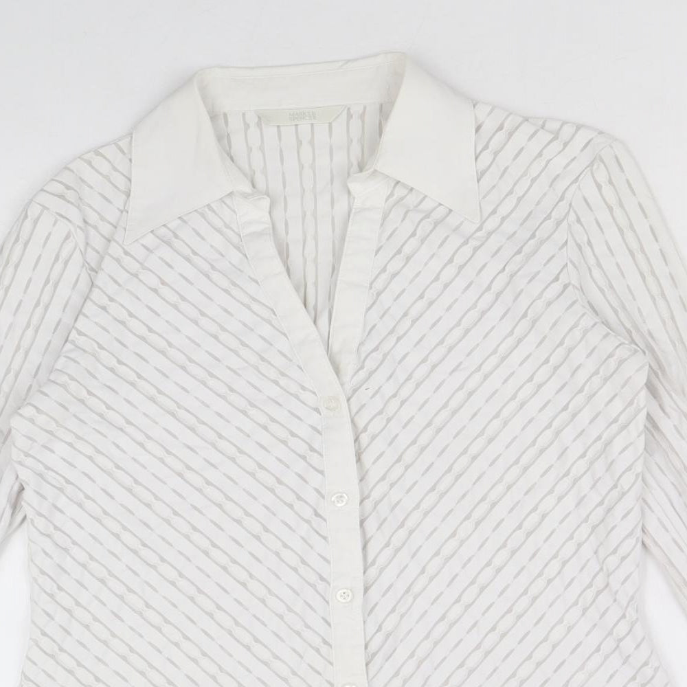 Marks and Spencer Womens White Striped Polyamide Basic Button-Up Size 12 Collared