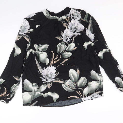 NU Womens Black Floral Viscose Basic Blouse Size L Mock Neck