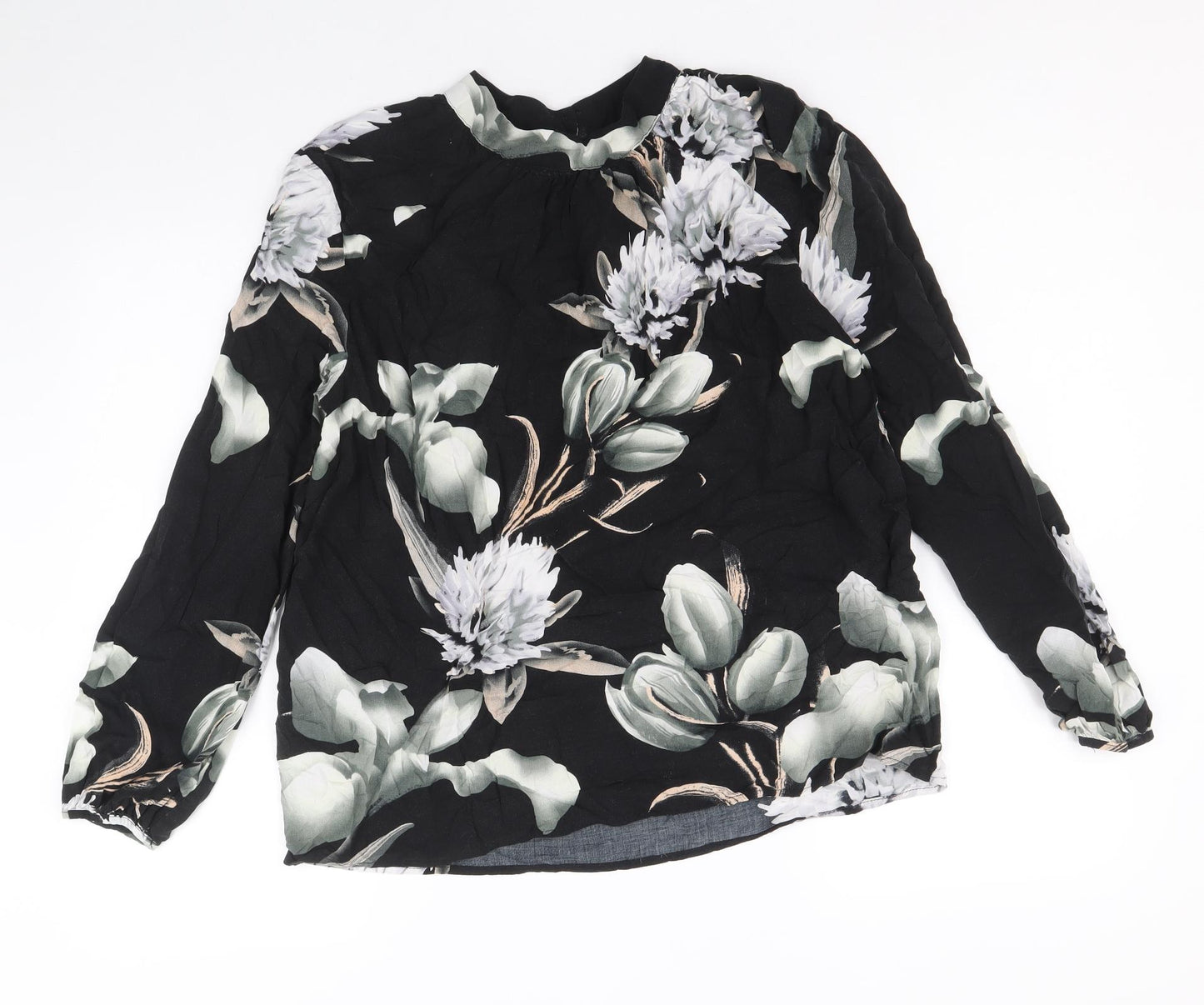 NU Womens Black Floral Viscose Basic Blouse Size L Mock Neck