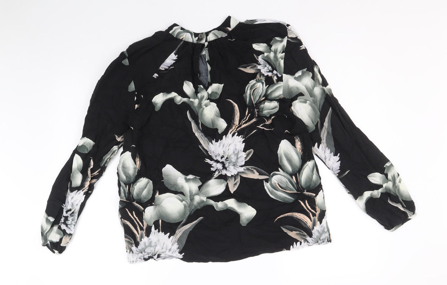 NU Womens Black Floral Viscose Basic Blouse Size L Mock Neck