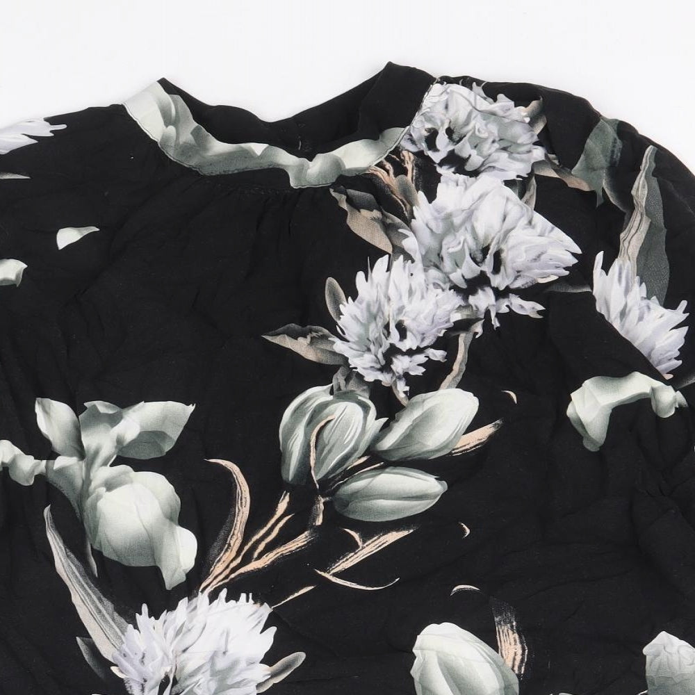 NU Womens Black Floral Viscose Basic Blouse Size L Mock Neck
