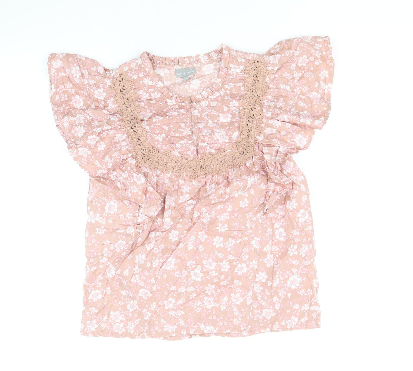 Oliver Bonas Womens Pink Floral 100% Cotton Basic Blouse Size 6 Scoop Neck