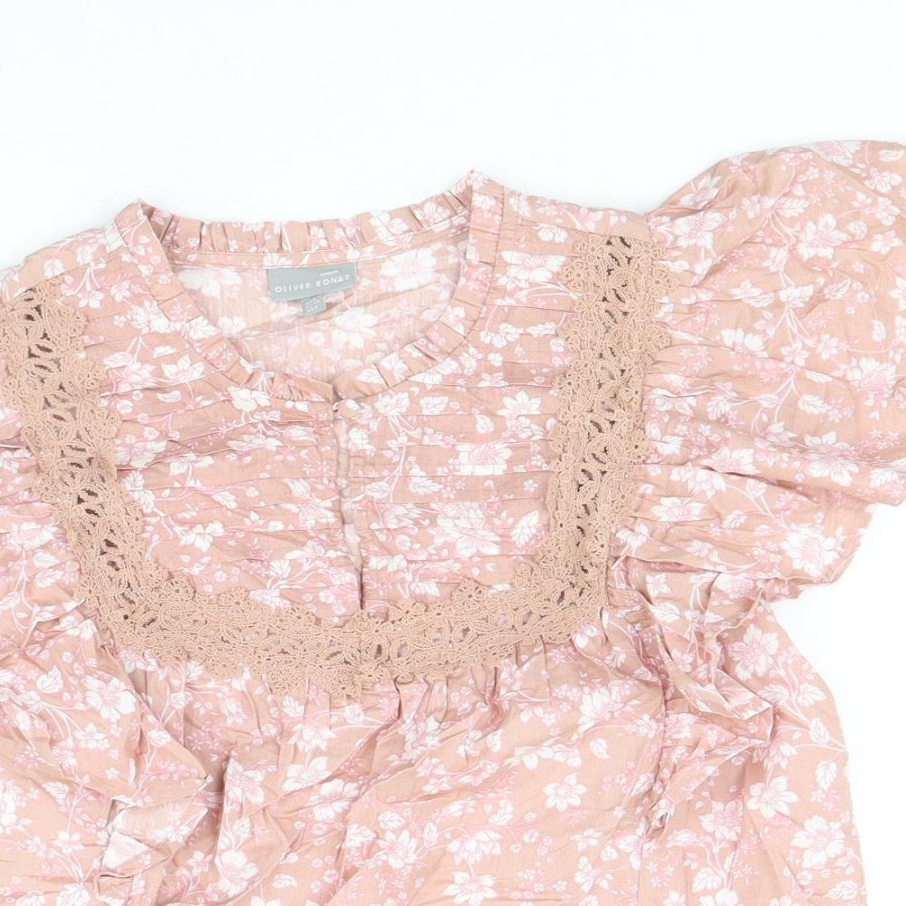Oliver Bonas Womens Pink Floral 100% Cotton Basic Blouse Size 6 Scoop Neck