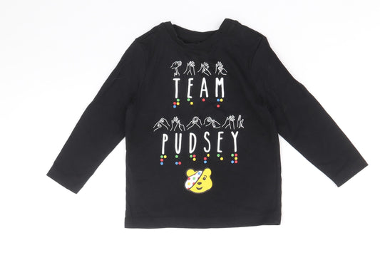 Front view of George boys’ black 100% cotton basic t-shirt, size 18-24, months round neck snap - team pudsey