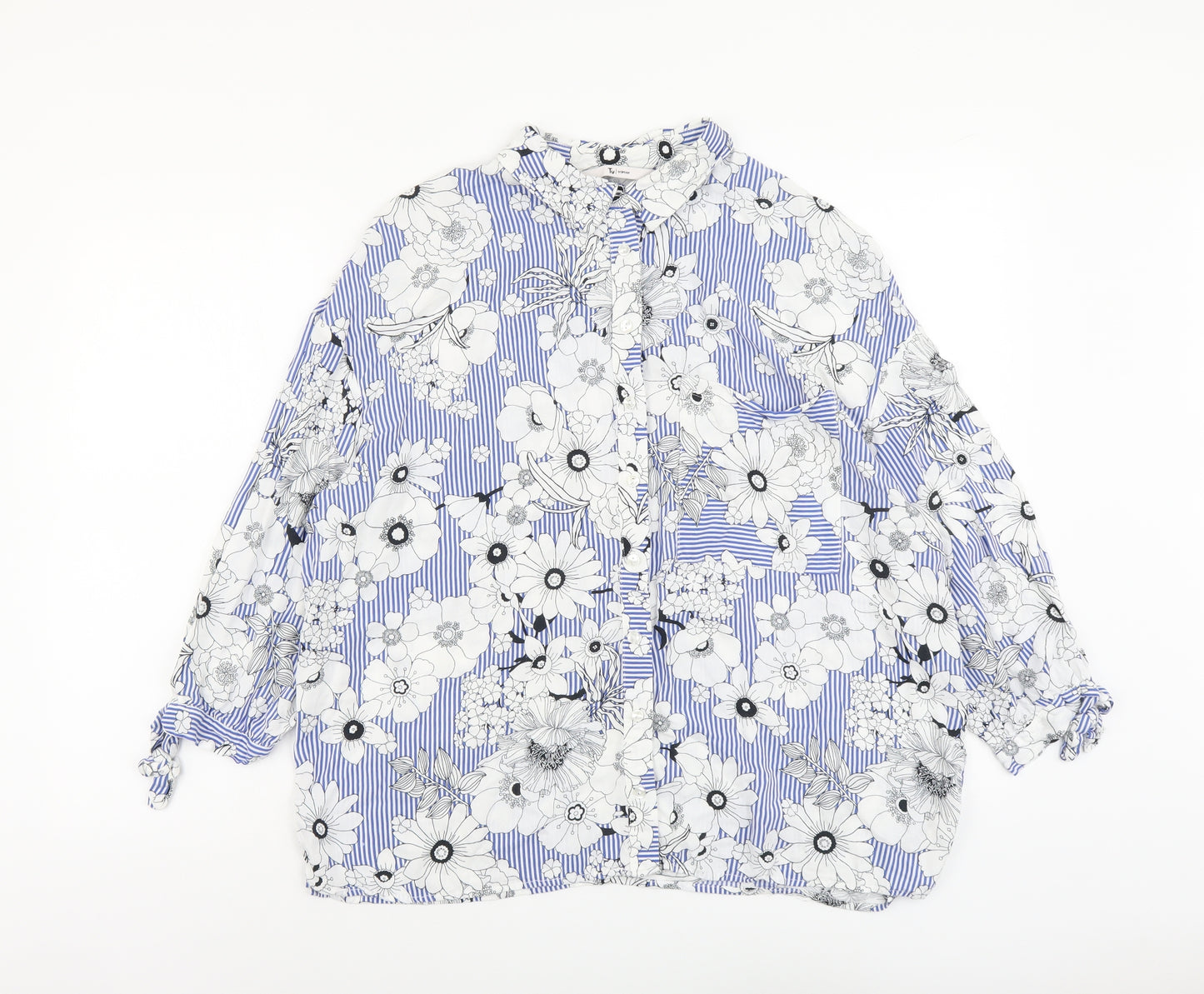 TU Womens Blue Geometric Viscose Basic Button-Up Size 20 V-Neck