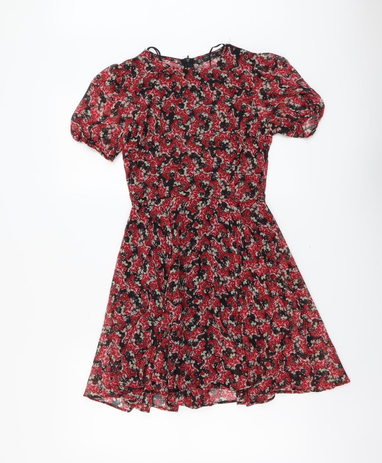 Zara Womens Red Floral Polyester A-Line Size M Round Neck Zip