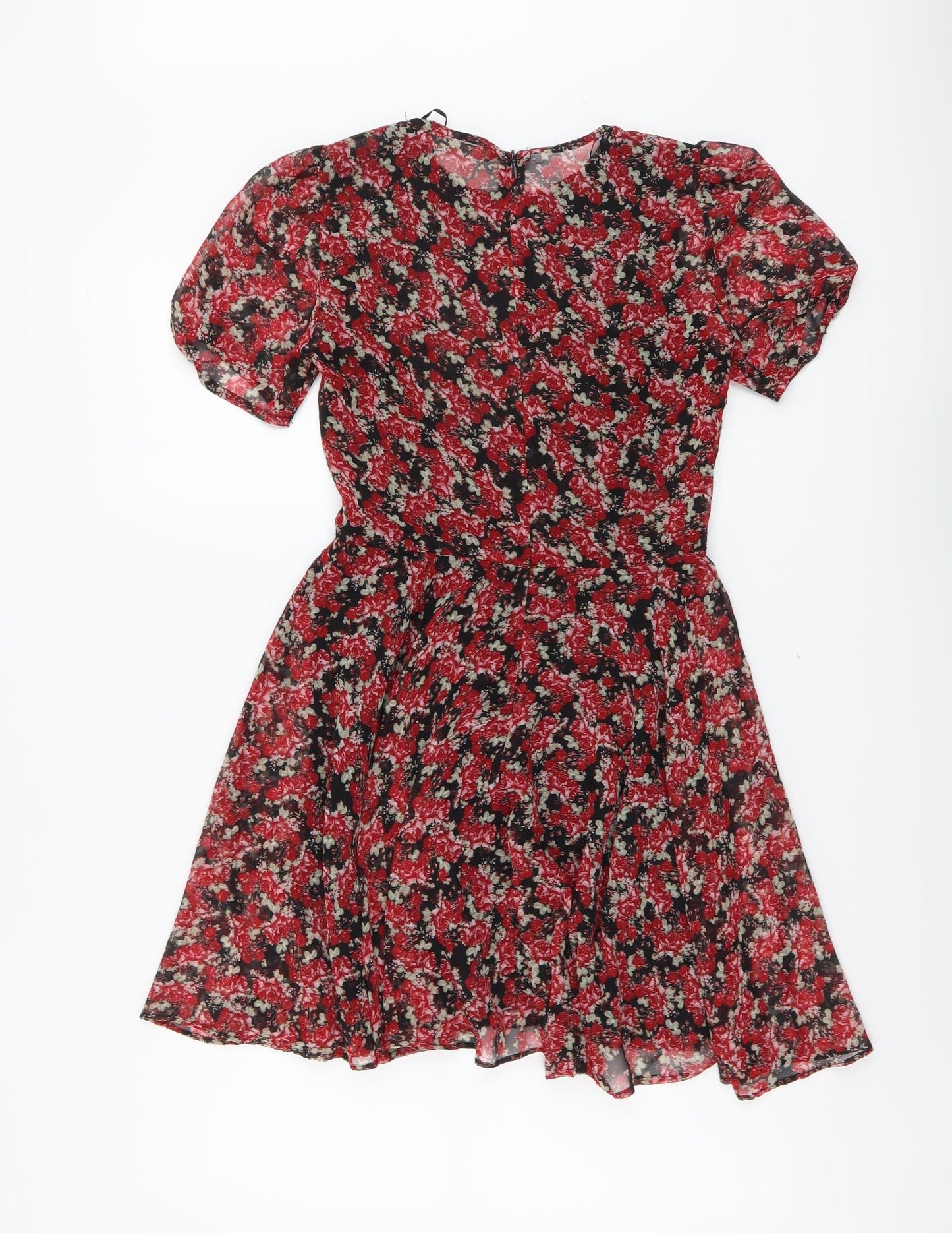 Zara Womens Red Floral Polyester A-Line Size M Round Neck Zip