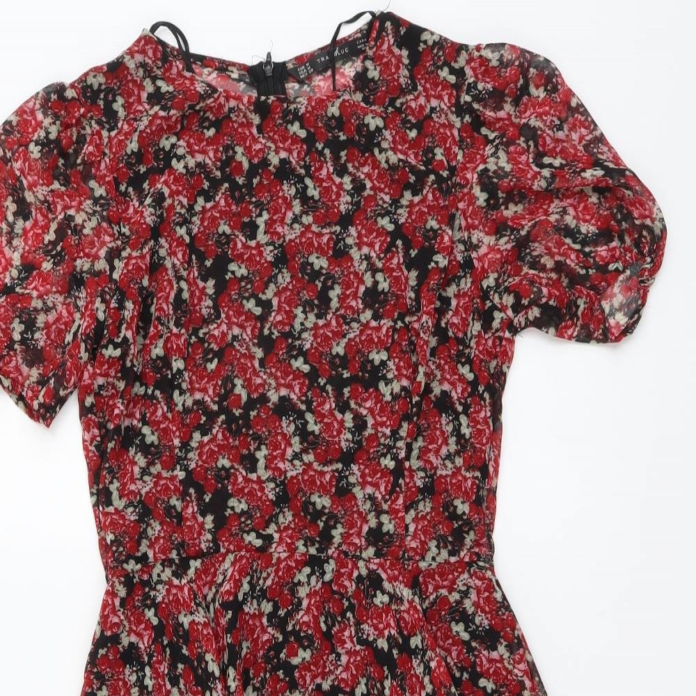 Zara Womens Red Floral Polyester A-Line Size M Round Neck Zip