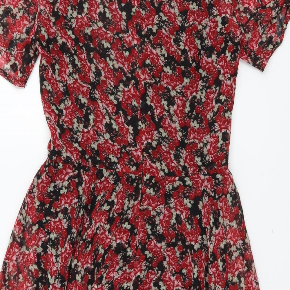 Zara Womens Red Floral Polyester A-Line Size M Round Neck Zip