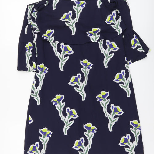 Warehouse Womens Blue Floral Polyester Shift Size 6 Off the Shoulder Zip
