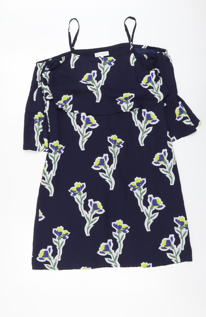 Warehouse Womens Blue Floral Polyester Shift Size 6 Off the Shoulder Zip