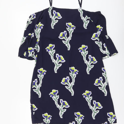 Warehouse Womens Blue Floral Polyester Shift Size 6 Off the Shoulder Zip