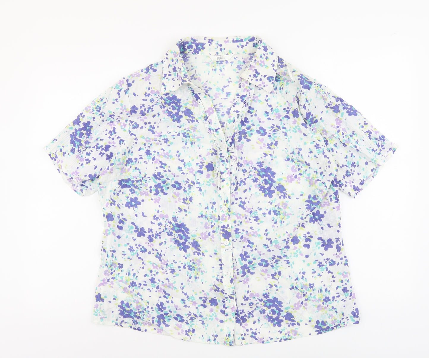 Marks and Spencer Womens Multicoloured Geometric Cotton Basic Button-Up Size 14 V-Neck