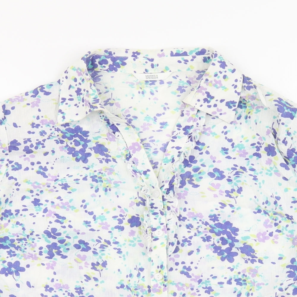 Marks and Spencer Womens Multicoloured Geometric Cotton Basic Button-Up Size 14 V-Neck