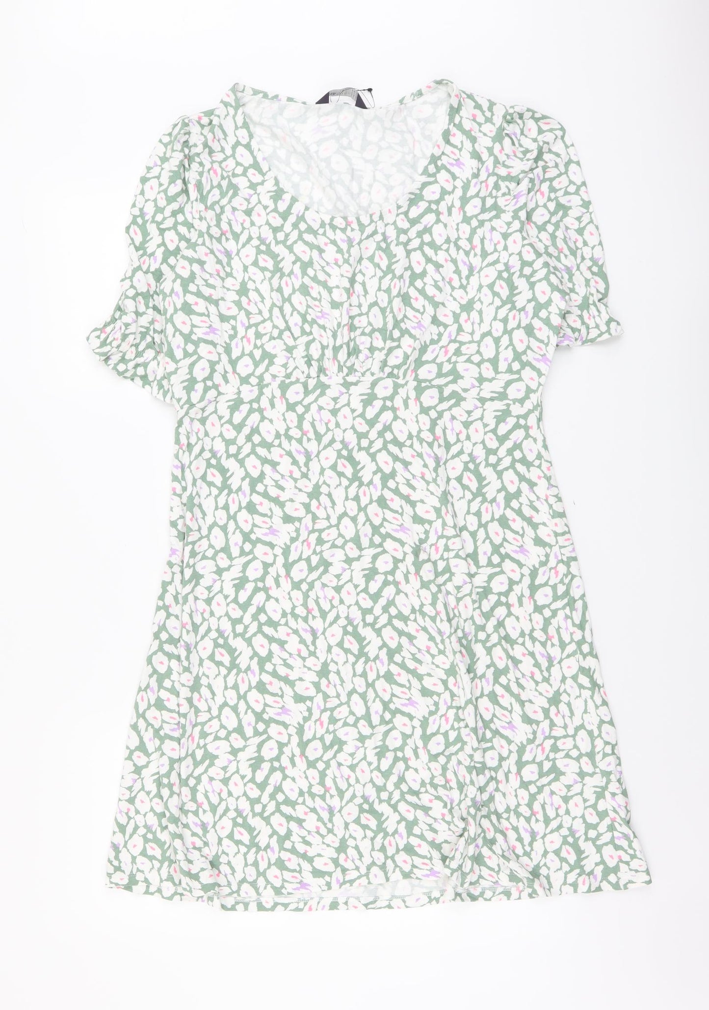 Marks and Spencer Womens Green Animal Print Viscose T-Shirt Dress Size 12 Scoop Neck Pullover - Leopard Pattern