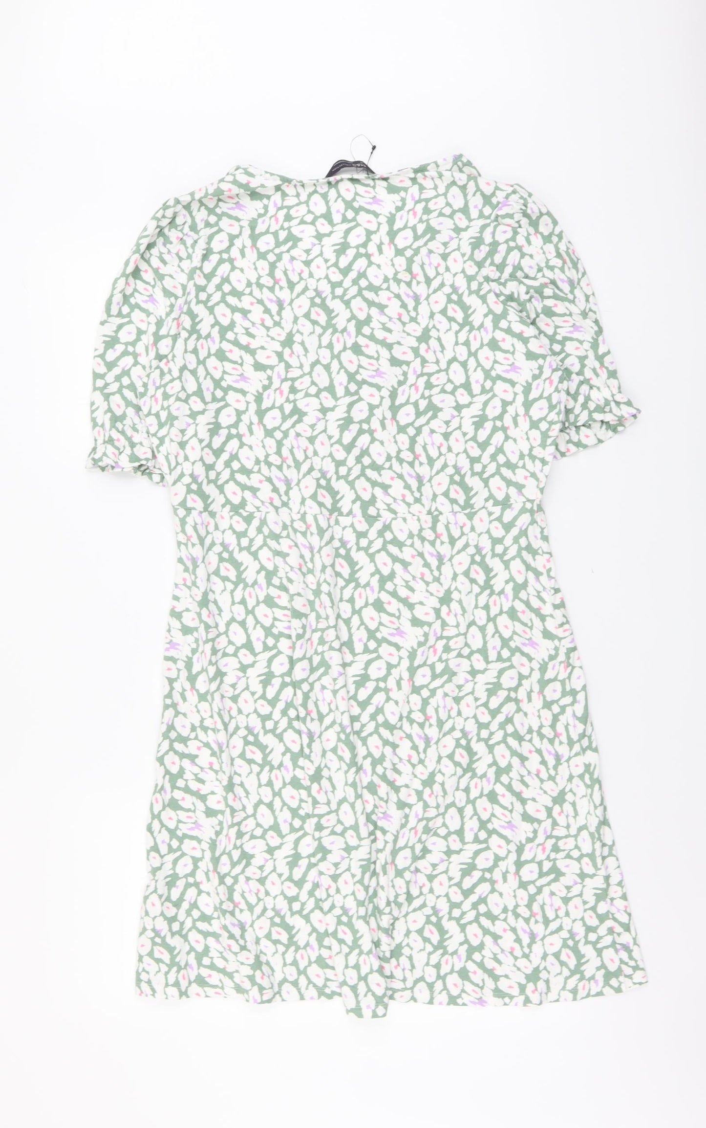 Marks and Spencer Womens Green Animal Print Viscose T-Shirt Dress Size 12 Scoop Neck Pullover - Leopard Pattern