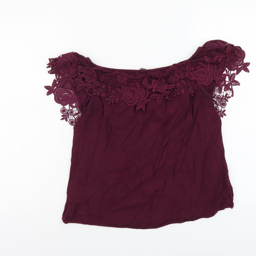 Osis Womens Purple Viscose Basic Blouse Size 12 Off the Shoulder - Lace Detail