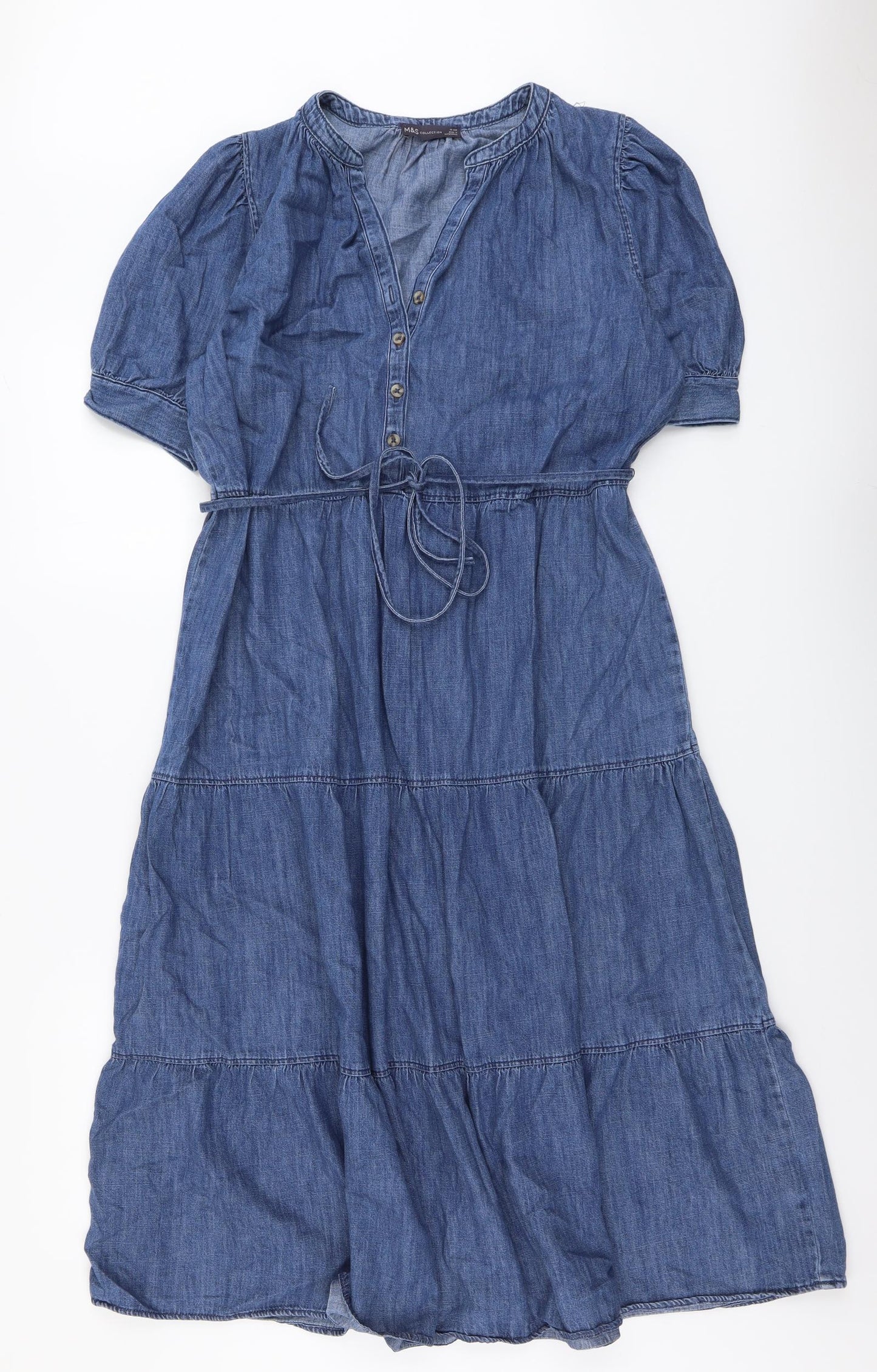Marks and Spencer Womens Blue Cotton Trapeze & Swing Size 16 V-Neck Button