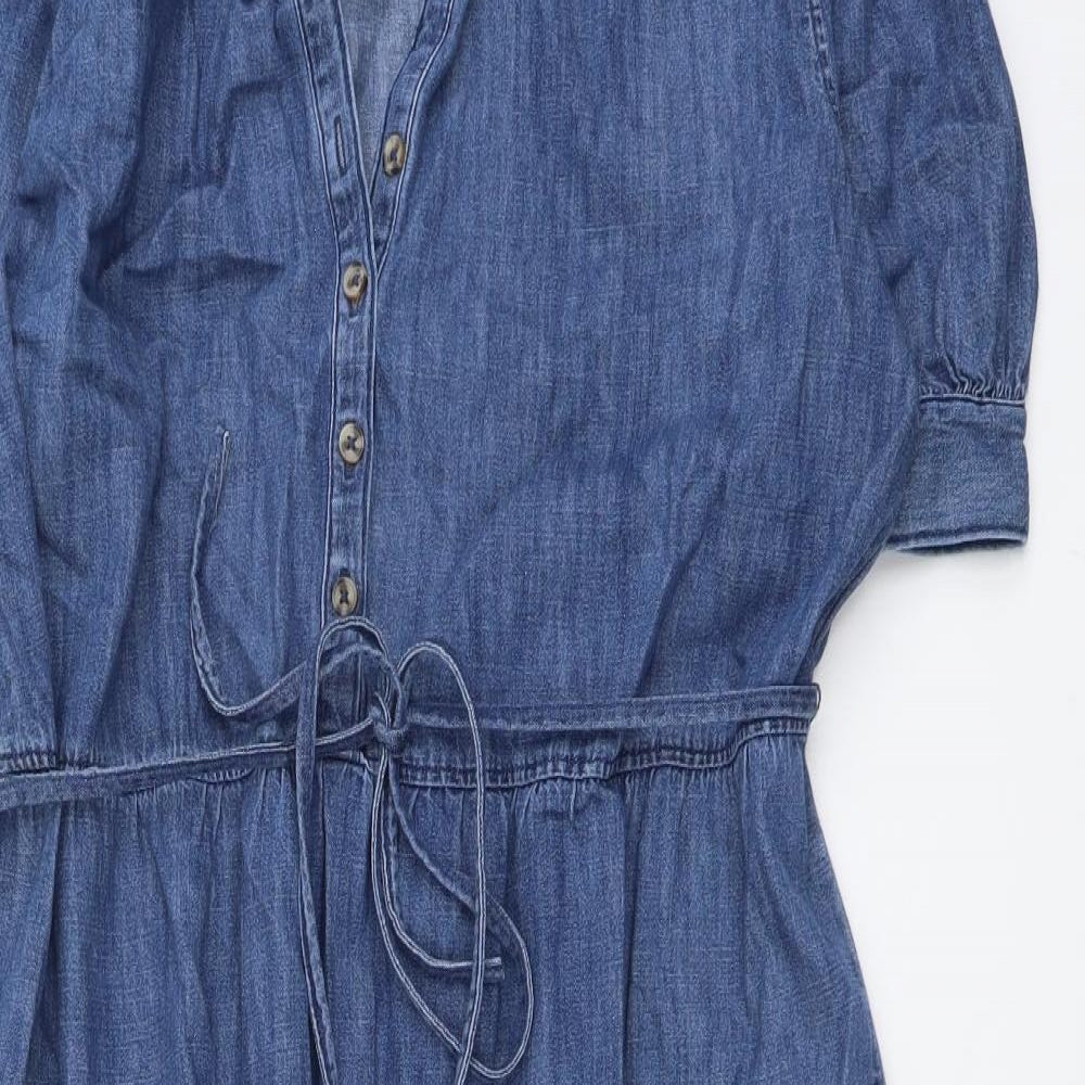 Marks and Spencer Womens Blue Cotton Trapeze & Swing Size 16 V-Neck Button