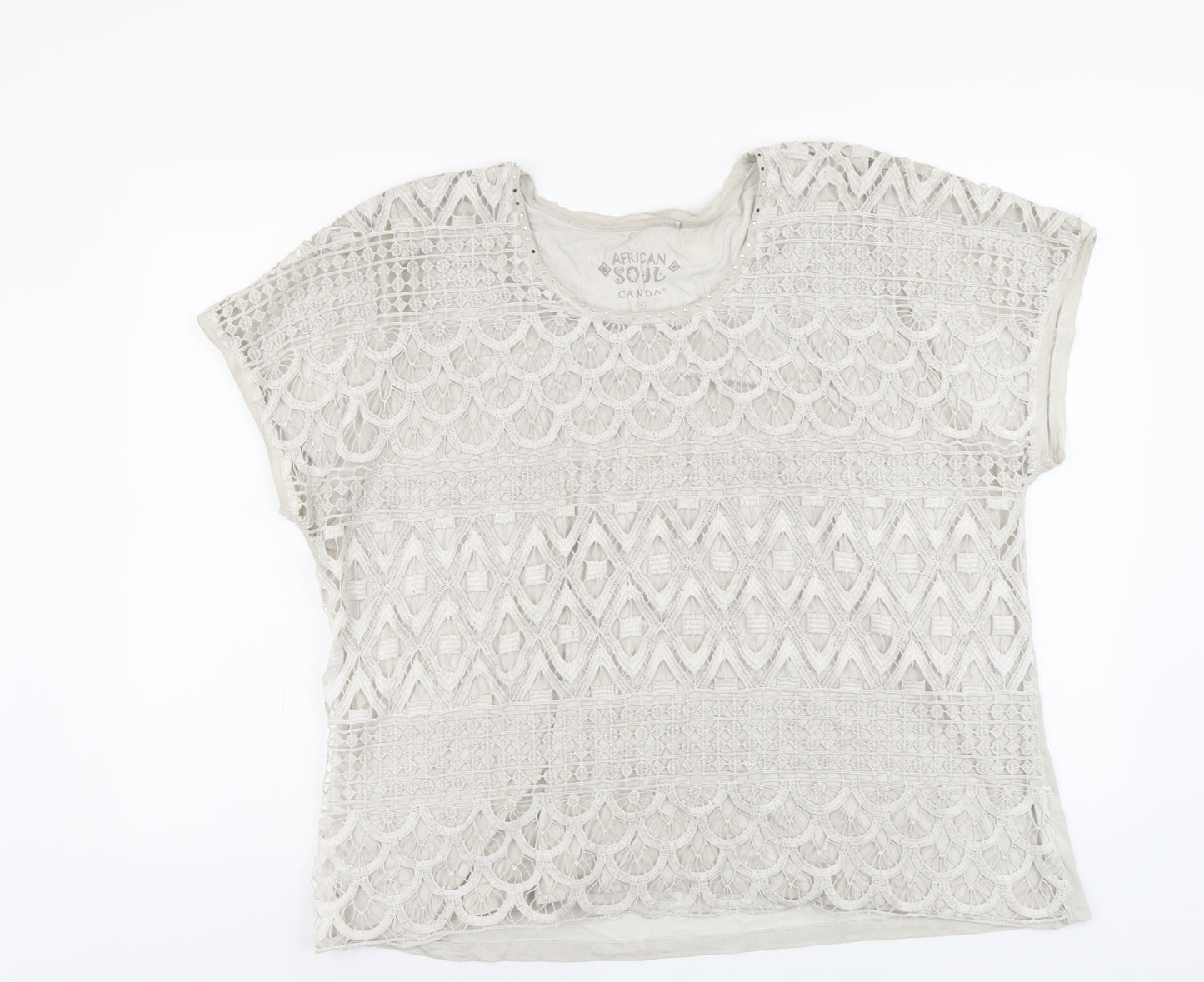 African Soul Womens Beige Geometric Cotton Basic T-Shirt Size XL Round Neck - Lace Detail