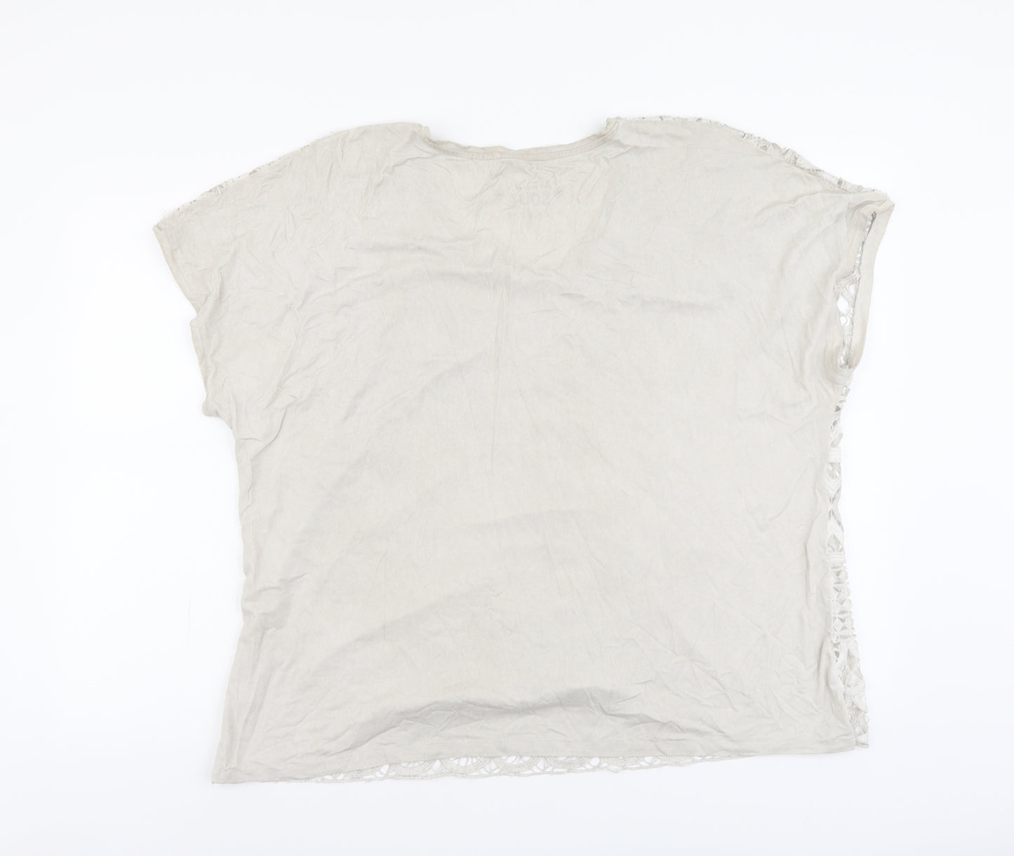 African Soul Womens Beige Geometric Cotton Basic T-Shirt Size XL Round Neck - Lace Detail