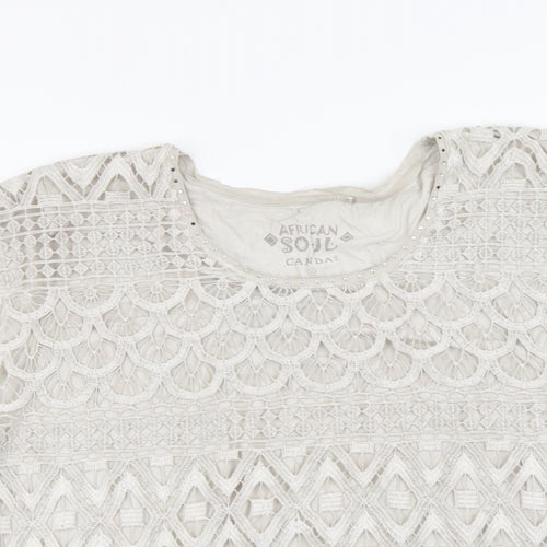 African Soul Womens Beige Geometric Cotton Basic T-Shirt Size XL Round Neck - Lace Detail
