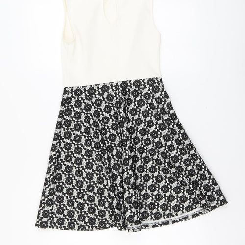 Miss Selfridge Womens Black Floral Polyester Fit & Flare Size 8 Round Neck Button