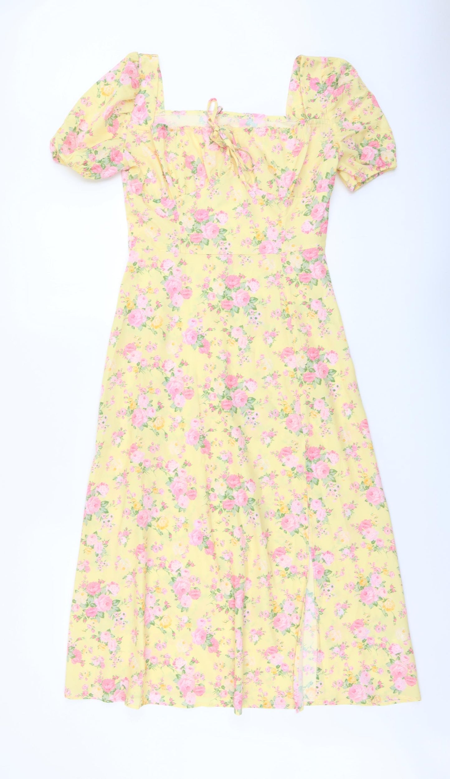 SheIn Womens Yellow Floral Polyester Fit & Flare Size S Square Neck Zip