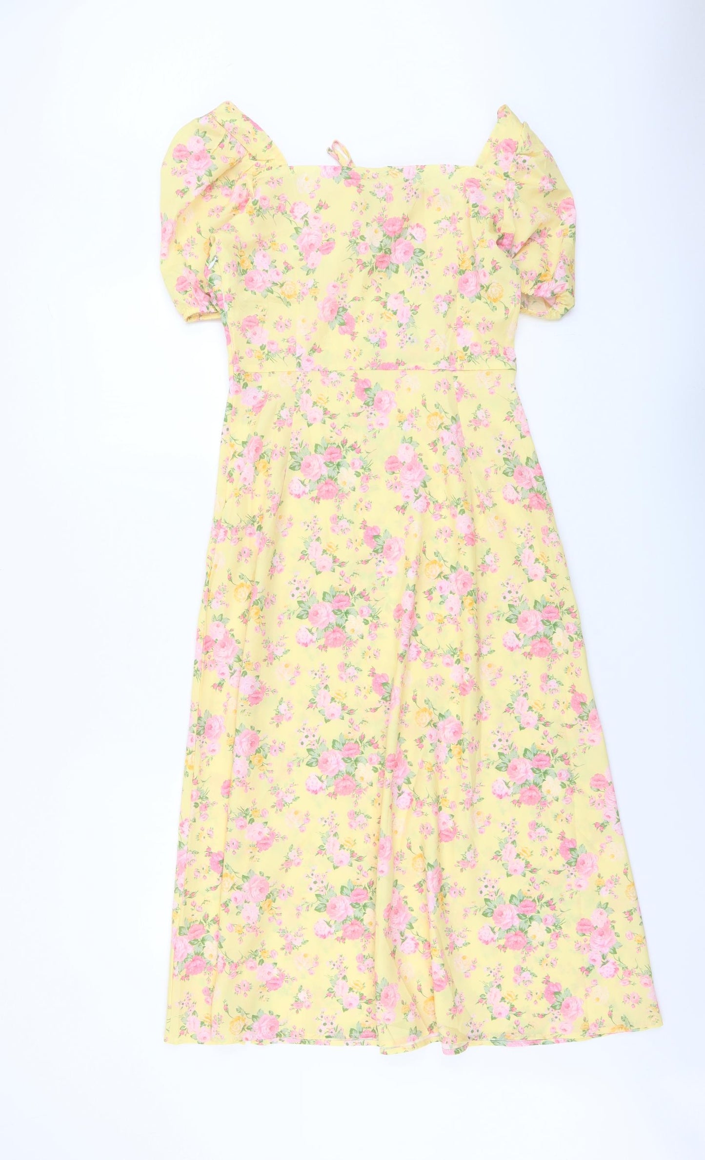 SheIn Womens Yellow Floral Polyester Fit & Flare Size S Square Neck Zip