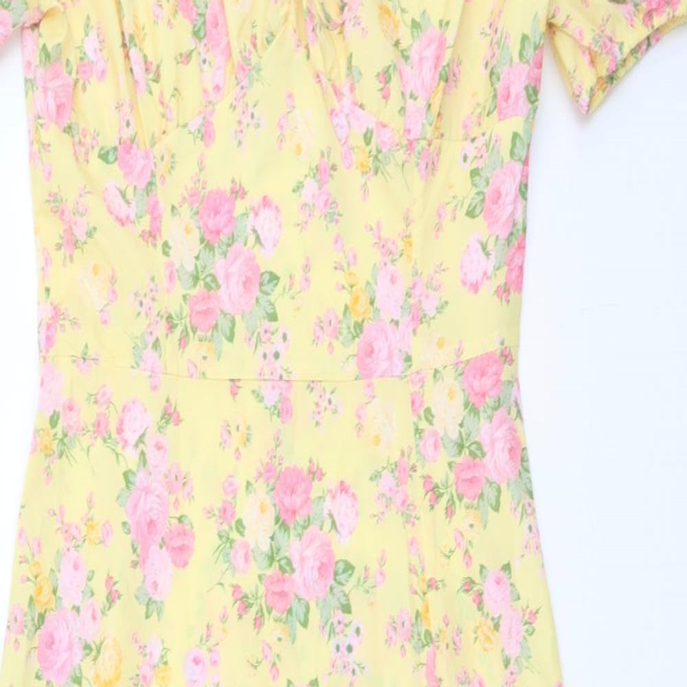 SheIn Womens Yellow Floral Polyester Fit & Flare Size S Square Neck Zip