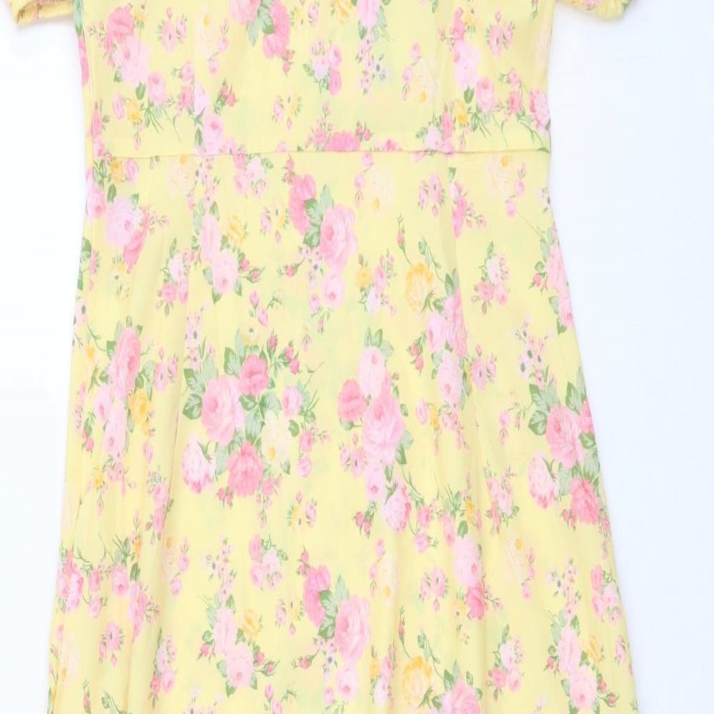 SheIn Womens Yellow Floral Polyester Fit & Flare Size S Square Neck Zip