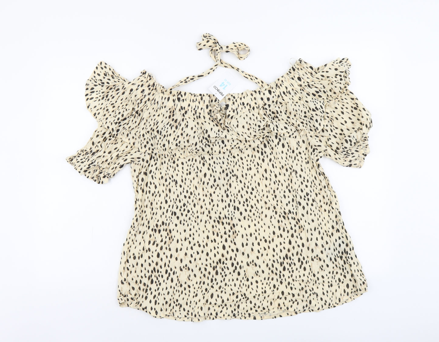 PEP&CO Womens Beige Geometric Viscose Basic Blouse Size 14 Halter - Bardot